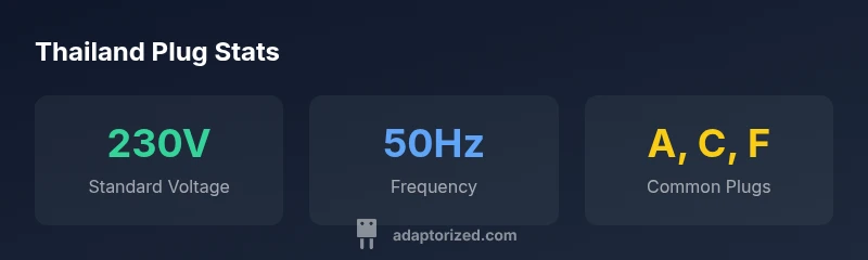 Infographic showing Thailand's 230V/50Hz outlets and common plug types A, C, F