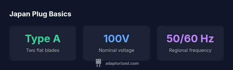 Infographic showing Japan plug types A, voltage 100V, frequency 50/60 Hz.
