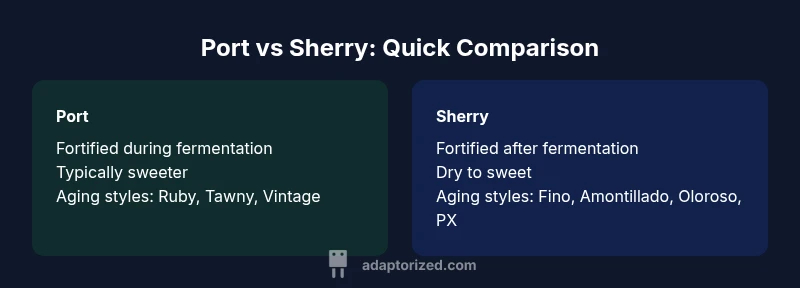 Infographic comparing Port and Sherry by fortification timing, sweetness, and aging styles